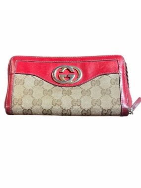 Gucci Beige GG Supreme Interlocking G Zip Wallet with Red Leather Trim